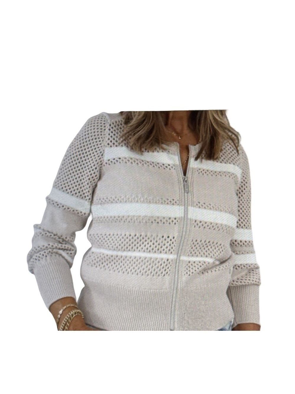 Monari Striped Crochet Knit Zipped Cardigan Beige